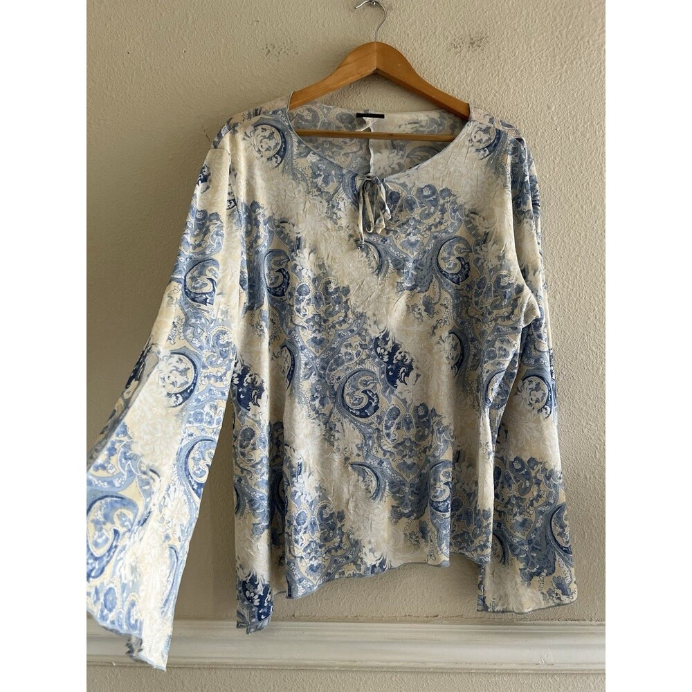 AURA Y2K Vintage Womens Size 1X Sheer Mesh Blue Ivory Paisley Bell Sleeve Sheer